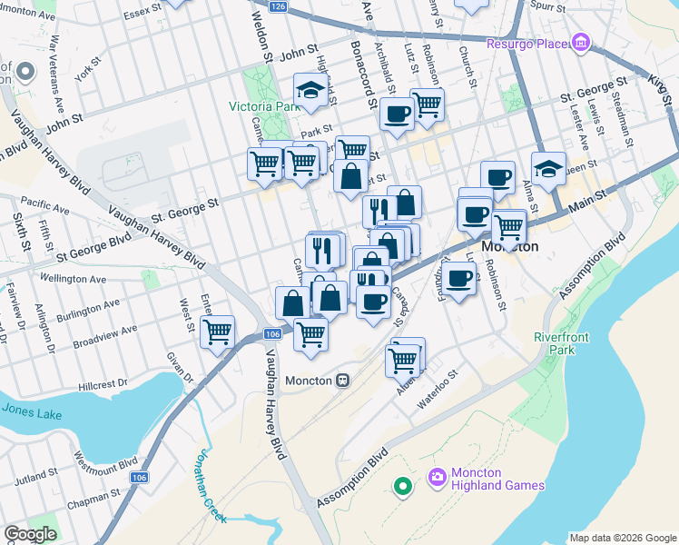 map of restaurants, bars, coffee shops, grocery stores, and more near 40 Weldon Street in Moncton