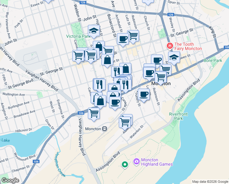 map of restaurants, bars, coffee shops, grocery stores, and more near 1045 Main Street in Moncton