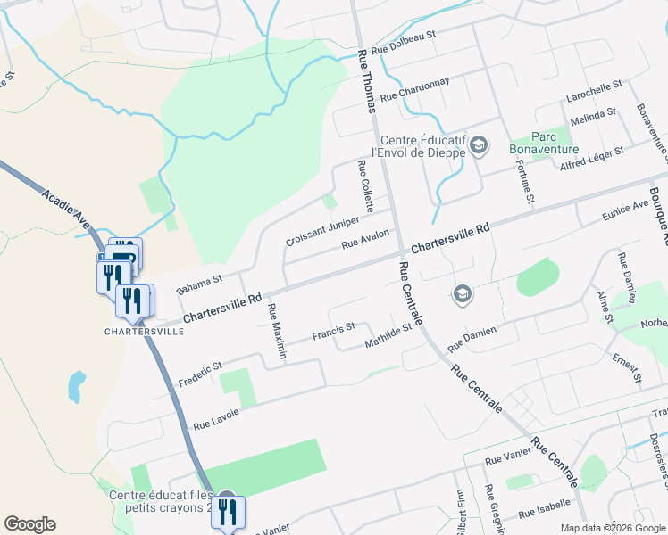 map of restaurants, bars, coffee shops, grocery stores, and more near 36 Rue Avalon in Dieppe