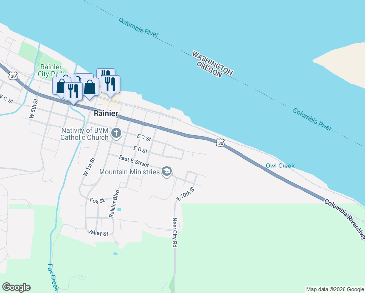 map of restaurants, bars, coffee shops, grocery stores, and more near East C Street in Rainier