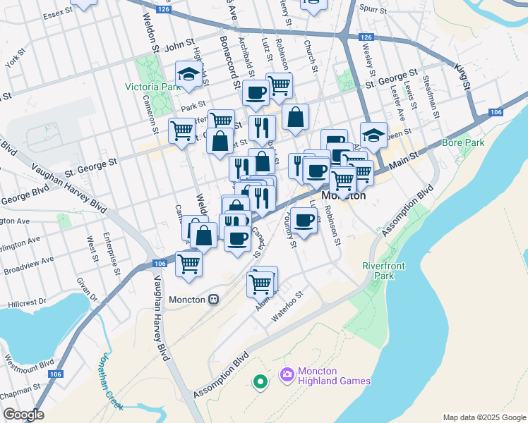 map of restaurants, bars, coffee shops, grocery stores, and more near 981 Main Street in Moncton