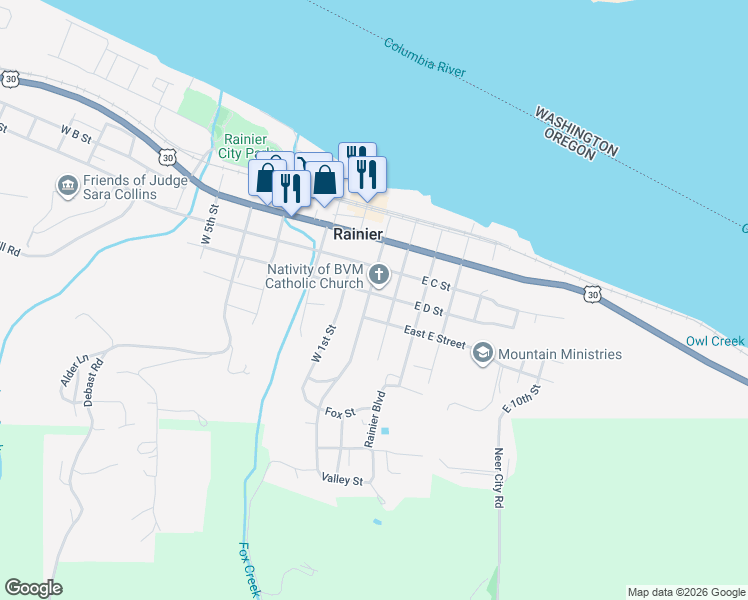 map of restaurants, bars, coffee shops, grocery stores, and more near 407 East 2nd Street in Rainier