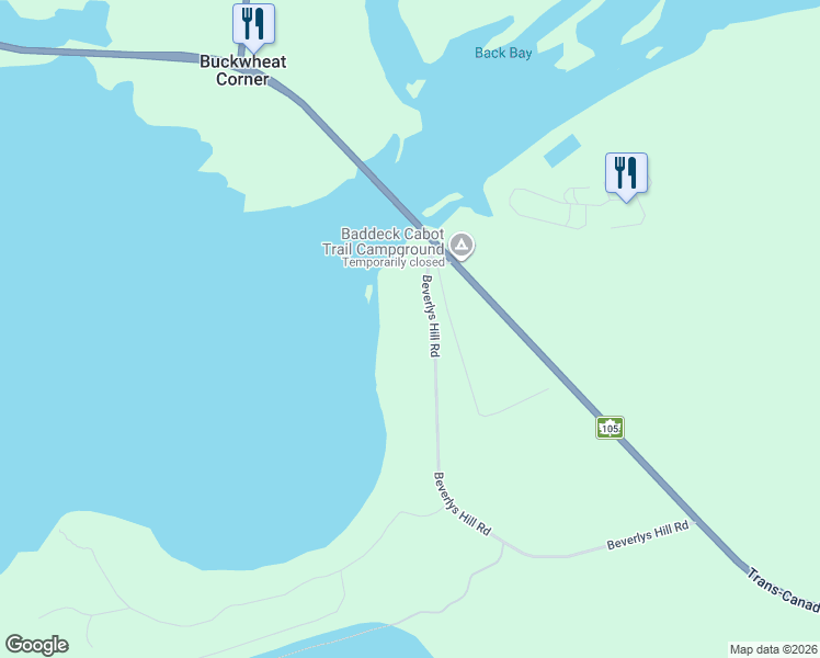 map of restaurants, bars, coffee shops, grocery stores, and more near 54 Beverlys Hill Road in Baddeck