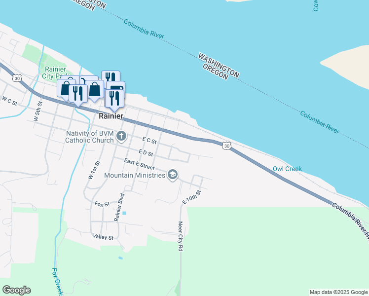 map of restaurants, bars, coffee shops, grocery stores, and more near 621 East C Street in Rainier