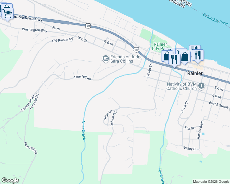 map of restaurants, bars, coffee shops, grocery stores, and more near Debast Road in Rainier