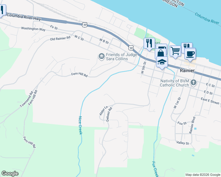 map of restaurants, bars, coffee shops, grocery stores, and more near 75514 Fern Hill Road in Rainier