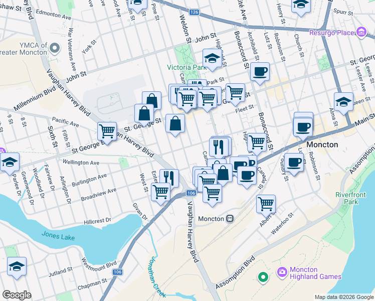 map of restaurants, bars, coffee shops, grocery stores, and more near 79 High Street in Moncton