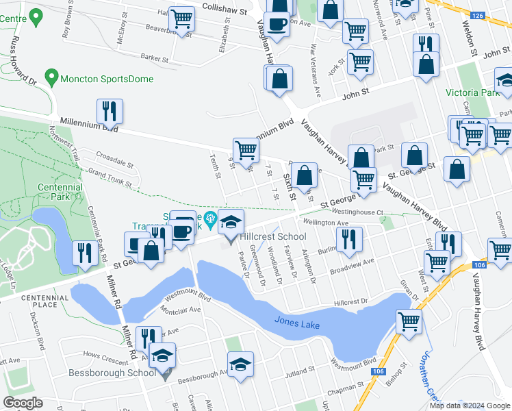 map of restaurants, bars, coffee shops, grocery stores, and more near 23 8 Street in Moncton