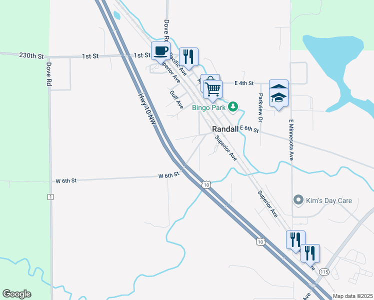 map of restaurants, bars, coffee shops, grocery stores, and more near 120 West 6th Street in Randall