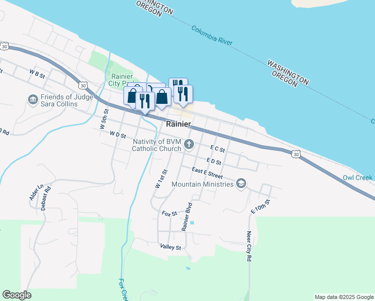 map of restaurants, bars, coffee shops, grocery stores, and more near 204 East C Street in Rainier