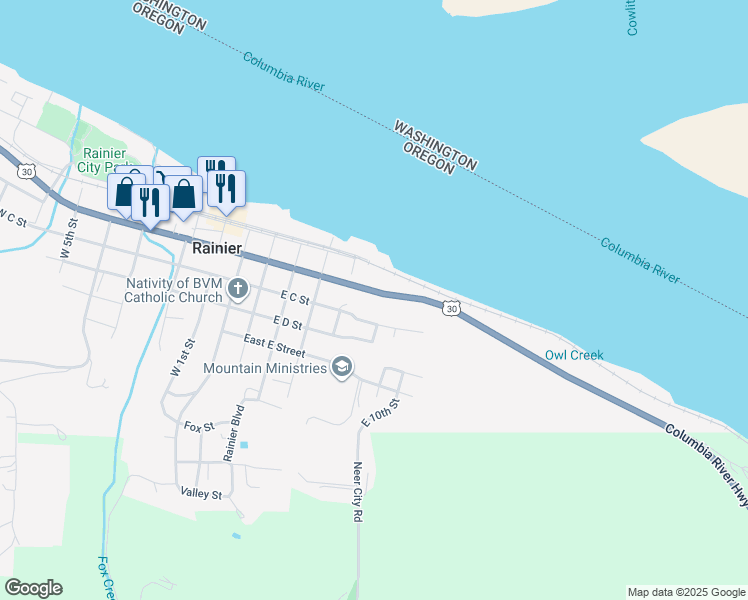 map of restaurants, bars, coffee shops, grocery stores, and more near 621 East C Street in Rainier