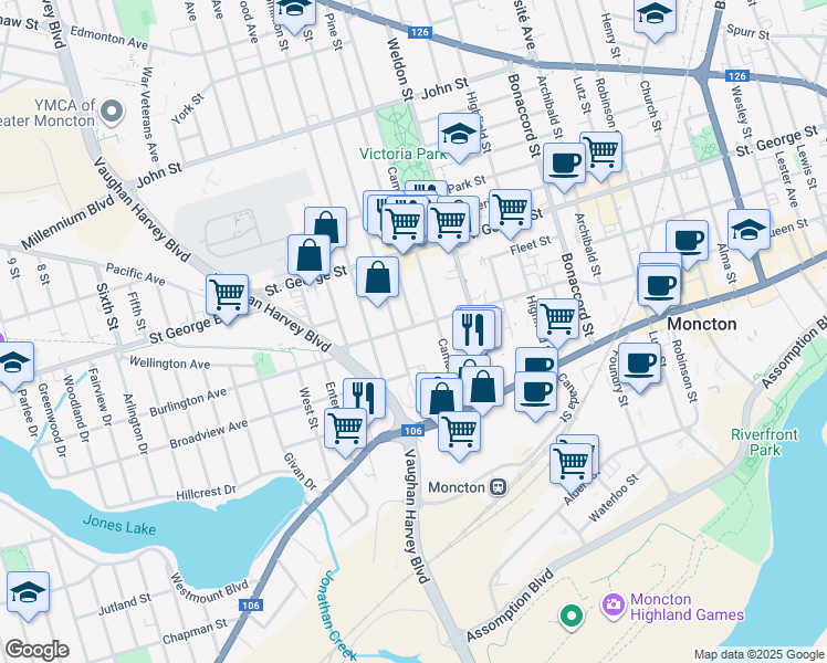 map of restaurants, bars, coffee shops, grocery stores, and more near 140 Gordon Street in Moncton