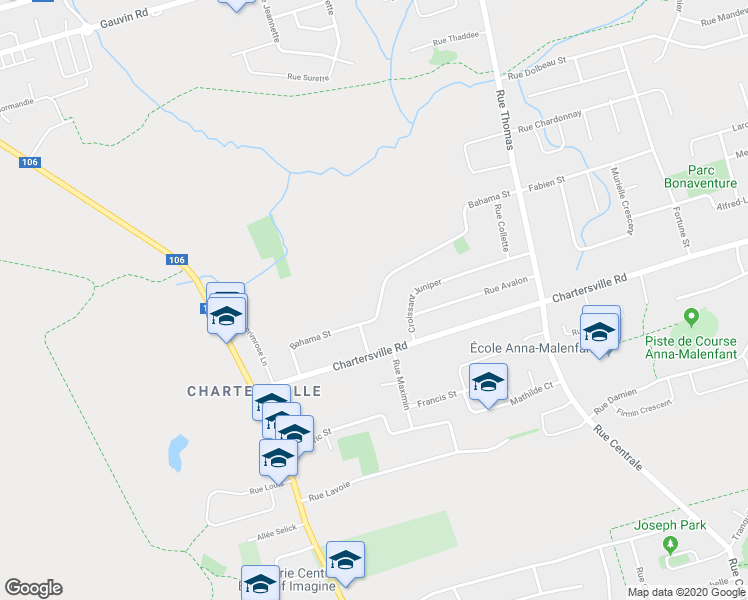 map of restaurants, bars, coffee shops, grocery stores, and more near 105 Bahama Street in Dieppe