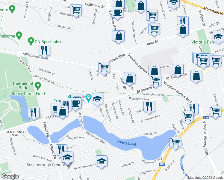map of restaurants, bars, coffee shops, grocery stores, and more near 23 8 Street in Moncton