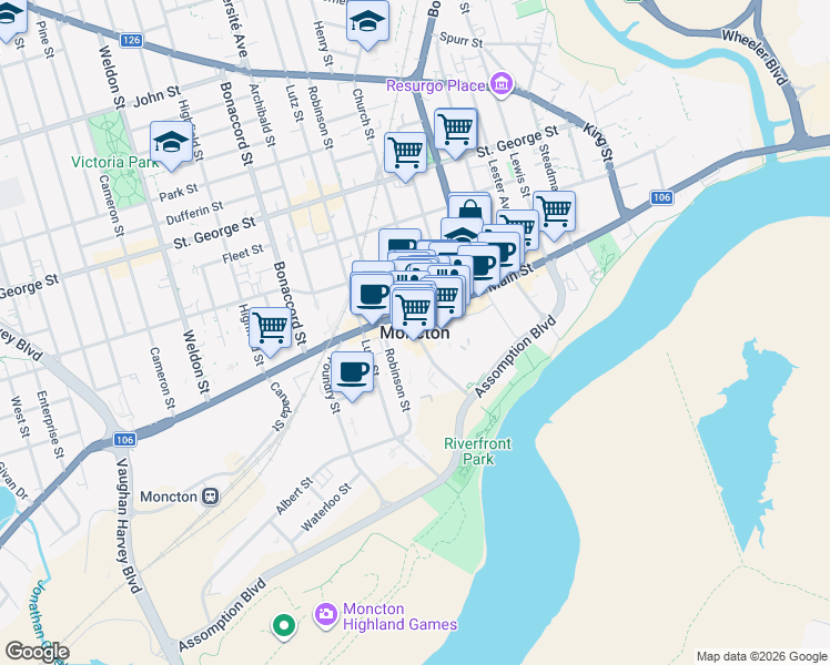 map of restaurants, bars, coffee shops, grocery stores, and more near in Moncton