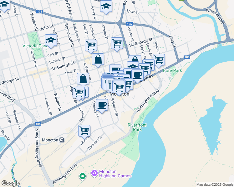 map of restaurants, bars, coffee shops, grocery stores, and more near 130 Westmorland Street in Moncton
