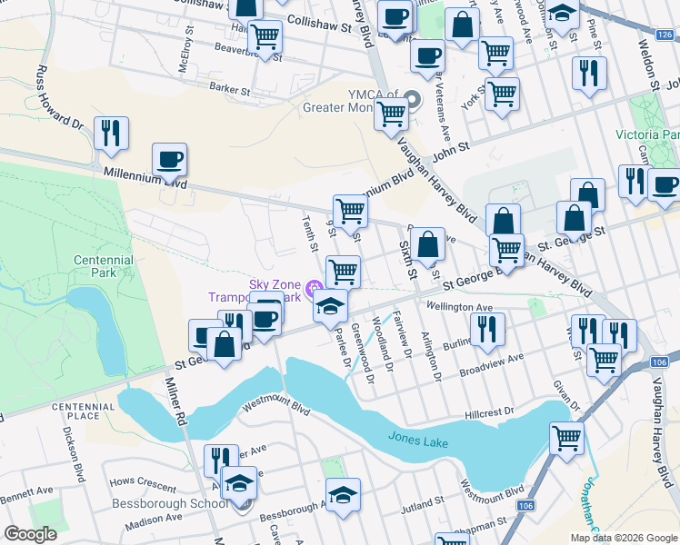 map of restaurants, bars, coffee shops, grocery stores, and more near 58 Douglas Avenue in Moncton