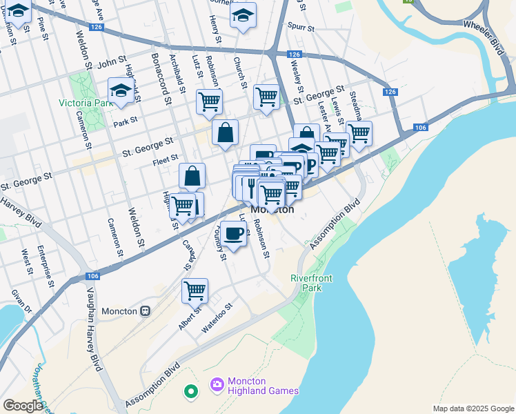 map of restaurants, bars, coffee shops, grocery stores, and more near 852 Main Street in Moncton