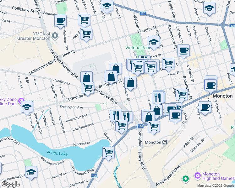 map of restaurants, bars, coffee shops, grocery stores, and more near in Moncton
