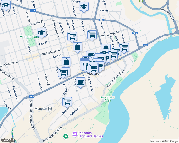 map of restaurants, bars, coffee shops, grocery stores, and more near 852 Main Street in Moncton