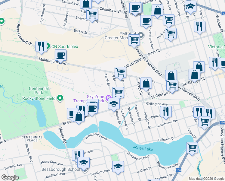 map of restaurants, bars, coffee shops, grocery stores, and more near 58A Douglas Avenue in Moncton