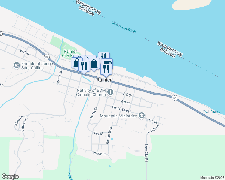 map of restaurants, bars, coffee shops, grocery stores, and more near 204 East C Street in Rainier