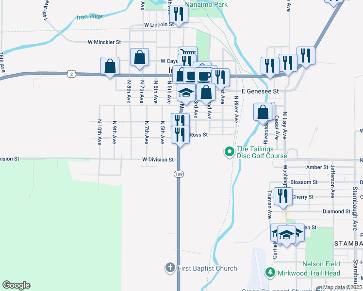 map of restaurants, bars, coffee shops, grocery stores, and more near 50 North 4th Avenue in Iron River