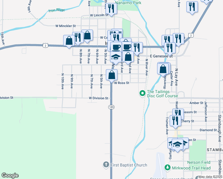map of restaurants, bars, coffee shops, grocery stores, and more near 50 North 4th Avenue in Iron River