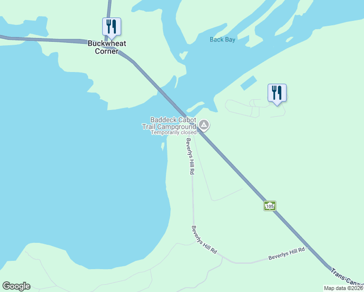 map of restaurants, bars, coffee shops, grocery stores, and more near 54 Beverlys Hill Road in Baddeck