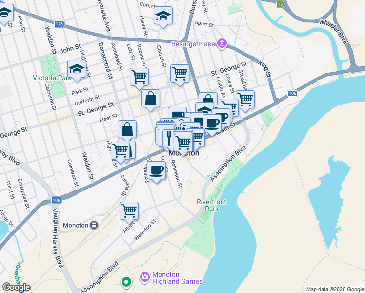 map of restaurants, bars, coffee shops, grocery stores, and more near 852 Main Street in Moncton