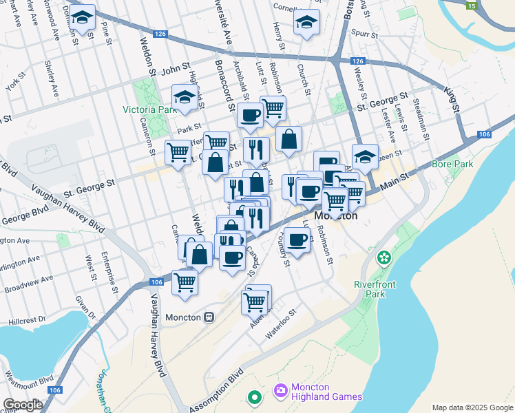 map of restaurants, bars, coffee shops, grocery stores, and more near 981 Main Street in Moncton