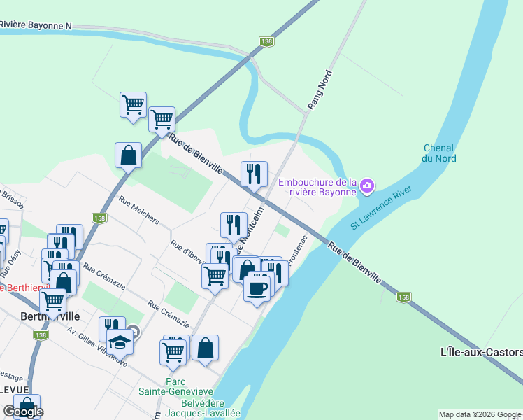 map of restaurants, bars, coffee shops, grocery stores, and more near 241 Rue Montcalm in Berthierville