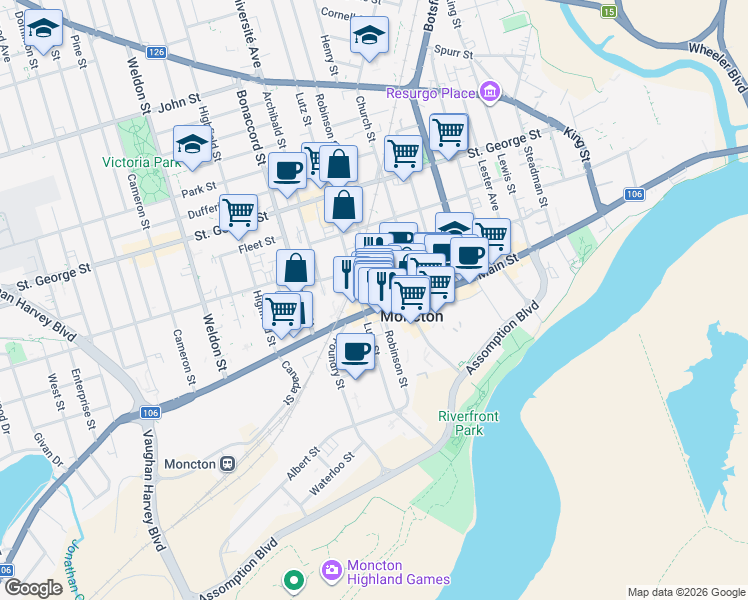 map of restaurants, bars, coffee shops, grocery stores, and more near 841 Main Street in Moncton