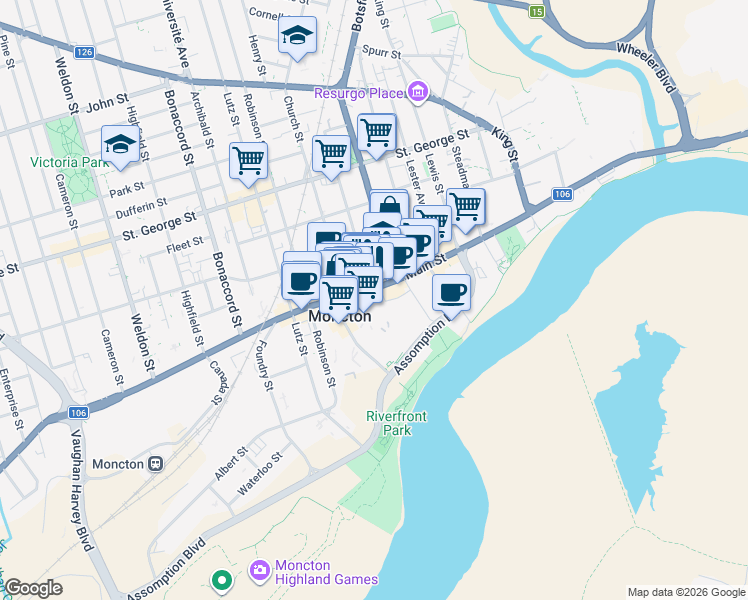 map of restaurants, bars, coffee shops, grocery stores, and more near 735 Main Street in Moncton