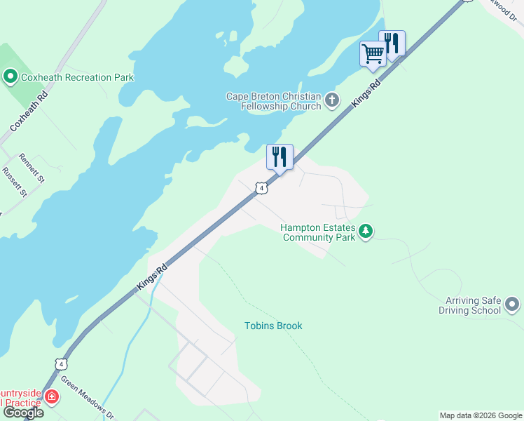 map of restaurants, bars, coffee shops, grocery stores, and more near 2 Stewood Drive in Cape Breton Regional Municipality