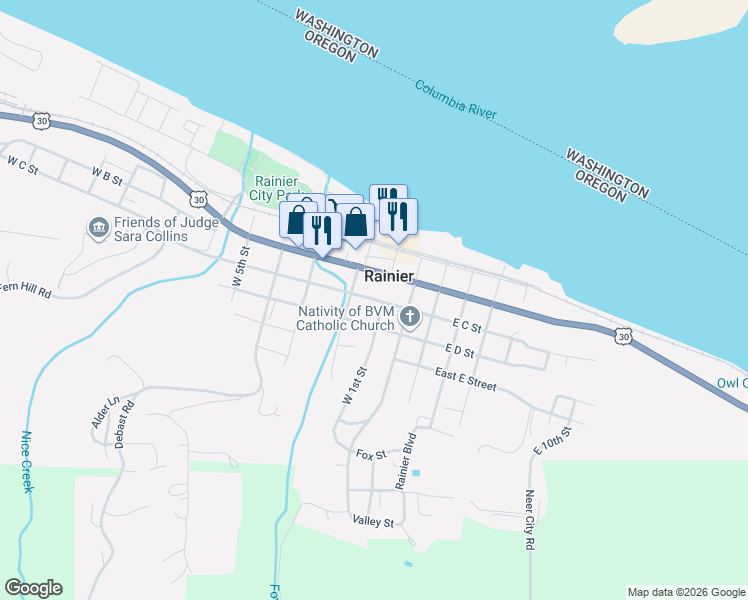 map of restaurants, bars, coffee shops, grocery stores, and more near West C Street in Rainier