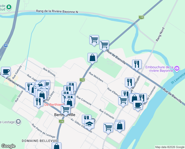 map of restaurants, bars, coffee shops, grocery stores, and more near Rue Melchers in Berthierville