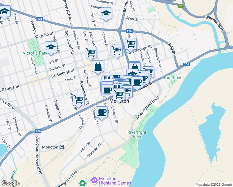 map of restaurants, bars, coffee shops, grocery stores, and more near 201 Robinson Street in Moncton