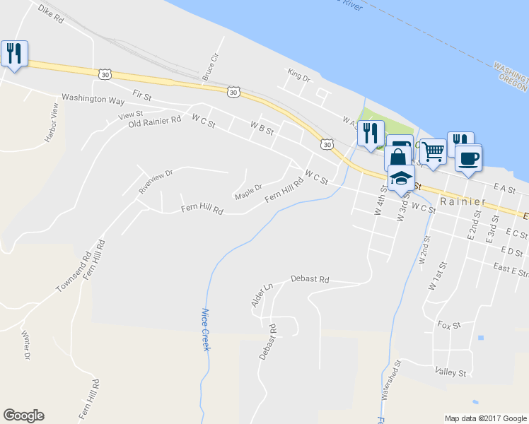 map of restaurants, bars, coffee shops, grocery stores, and more near 75514 Fern Hill Road in Rainier