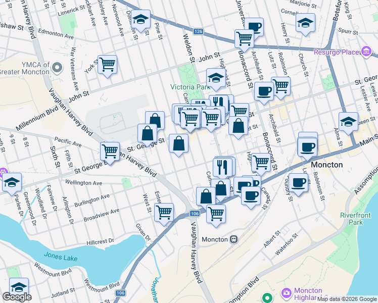 map of restaurants, bars, coffee shops, grocery stores, and more near 398 Saint George Street in Moncton
