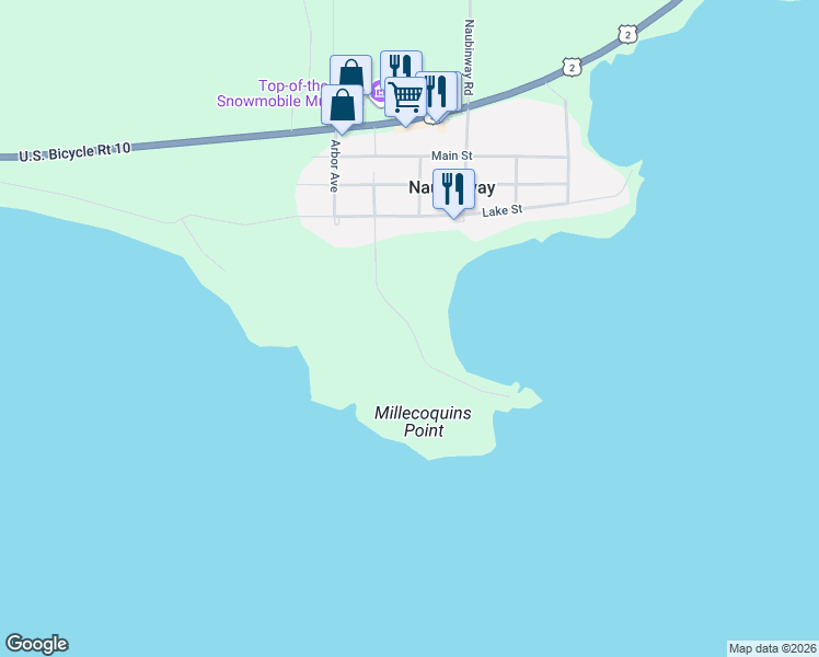 map of restaurants, bars, coffee shops, grocery stores, and more near Marina Drive in Naubinway