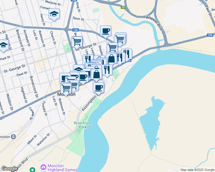map of restaurants, bars, coffee shops, grocery stores, and more near 50 Assomption Boulevard in Moncton