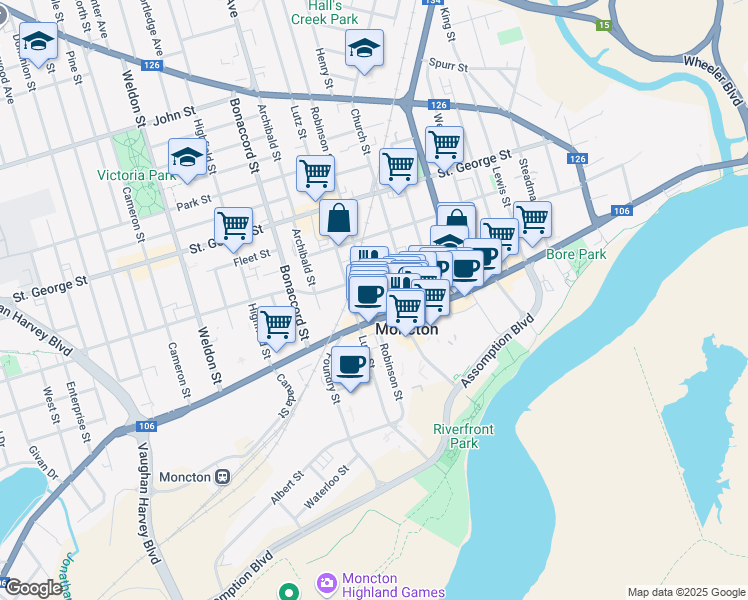 map of restaurants, bars, coffee shops, grocery stores, and more near 201 Robinson Street in Moncton