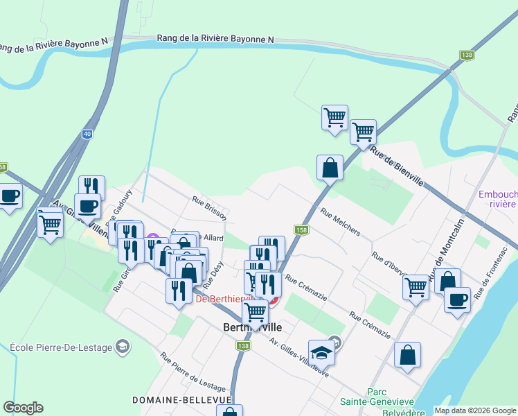 map of restaurants, bars, coffee shops, grocery stores, and more near 691 Rue Melchers in Berthierville