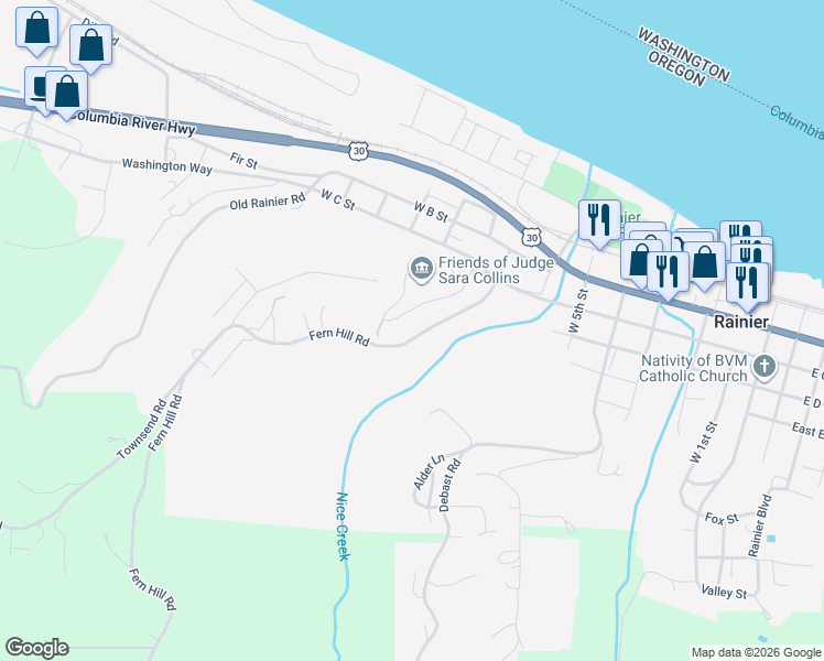 map of restaurants, bars, coffee shops, grocery stores, and more near 30068 Maple Drive in Rainier