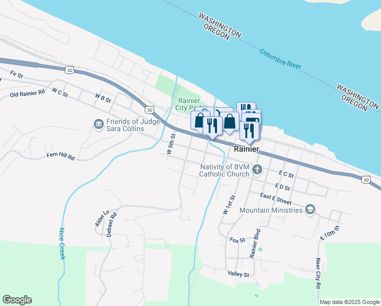 map of restaurants, bars, coffee shops, grocery stores, and more near 314 West C Street in Rainier