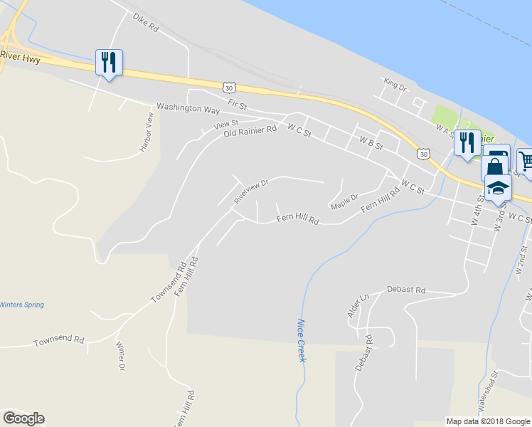map of restaurants, bars, coffee shops, grocery stores, and more near 75373 Fern Hill Loop in Rainier