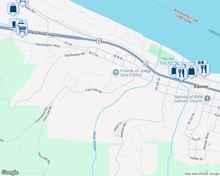 map of restaurants, bars, coffee shops, grocery stores, and more near 30068 Maple Drive in Rainier