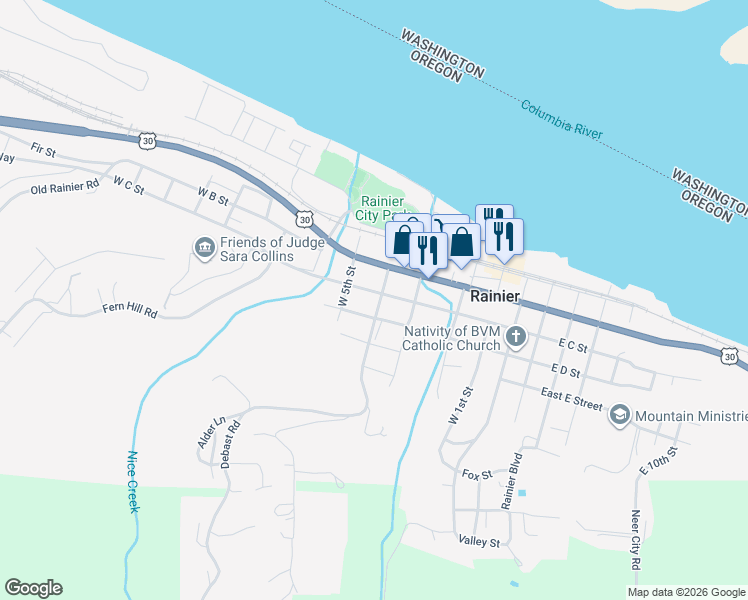 map of restaurants, bars, coffee shops, grocery stores, and more near 406 West C Street in Rainier