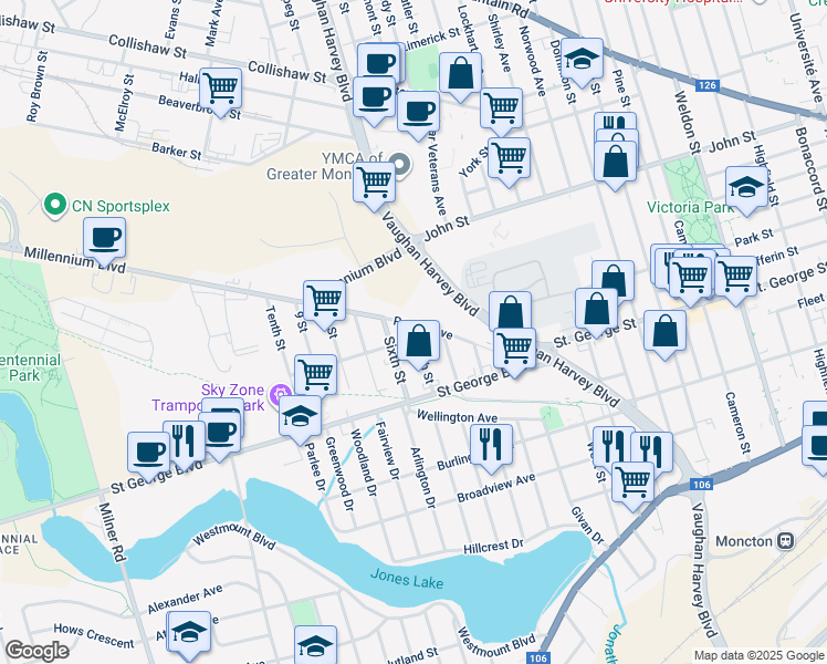 map of restaurants, bars, coffee shops, grocery stores, and more near 11 Douglas Avenue in Moncton